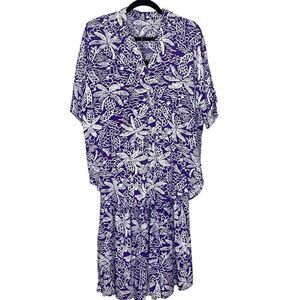 California Krush Top Skirt Set Vtg Hawaiian Print Palm Trees Purple White Medium